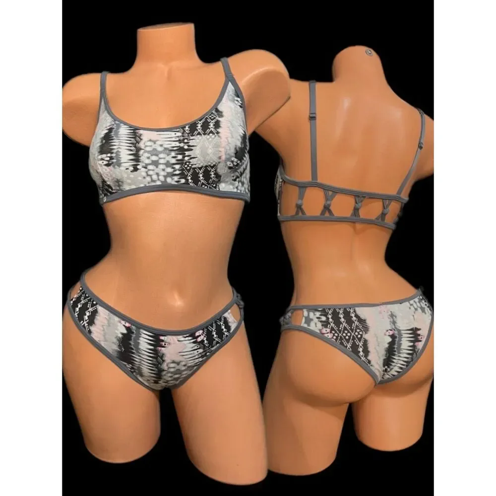 Victoria’s Secret Set sexy Strappy cotton unlined bralette bra & panty gray M